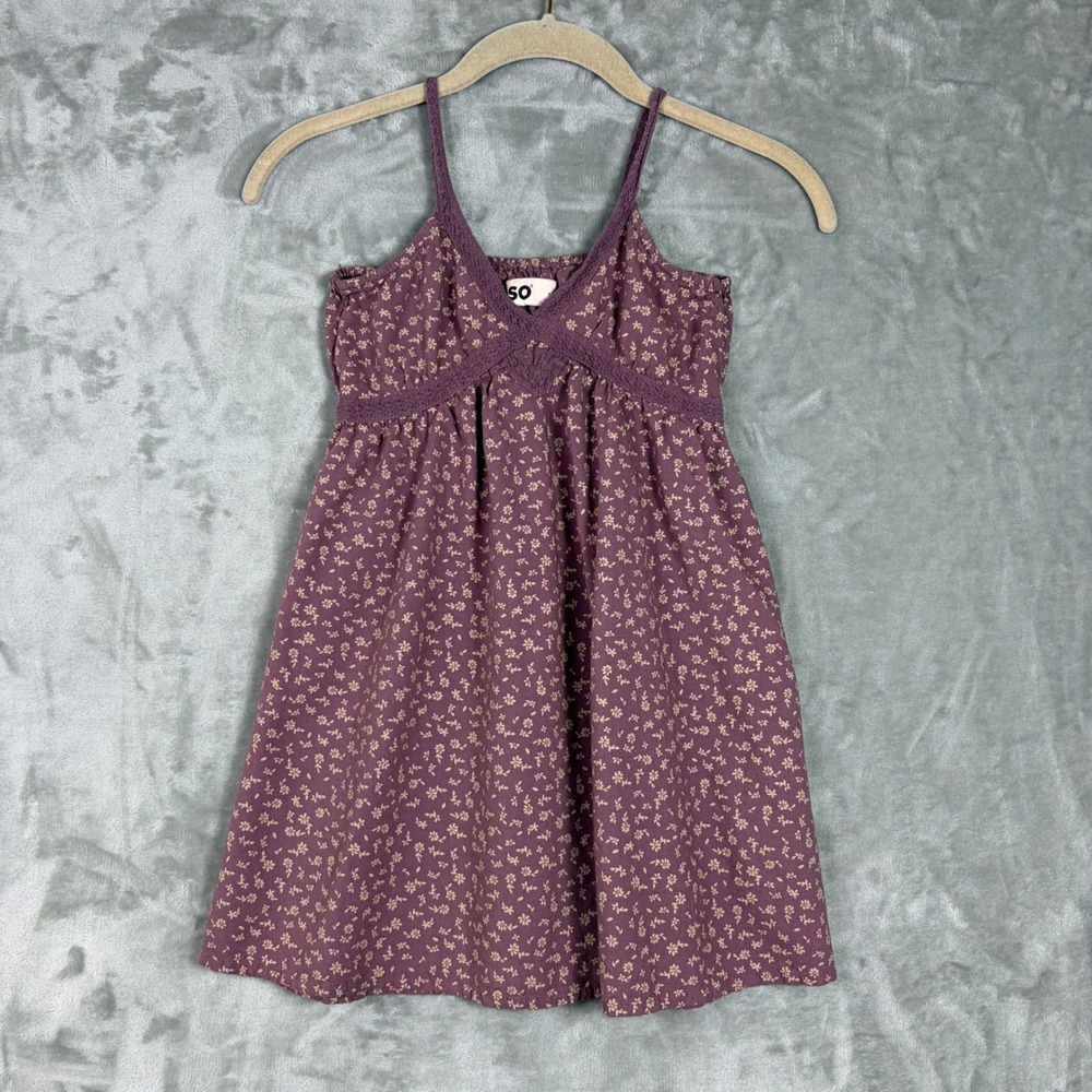 Y2K SO Cami Babydoll Top Floral Purple Womens Small Crochet Lace Tank Boho
